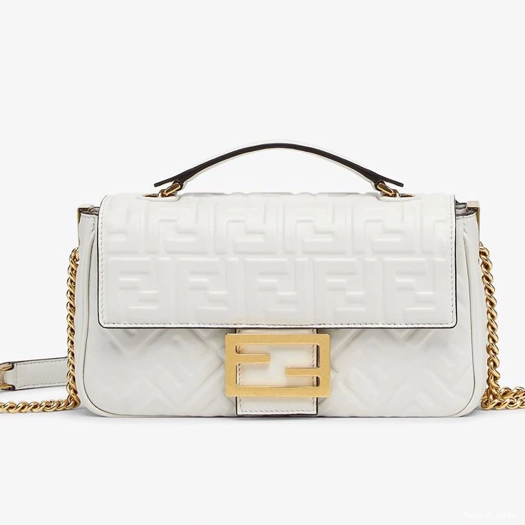 Cheap HOT Midi Motif FF Chain Leather Bag Fendi White Nappa Baguette In 0722
